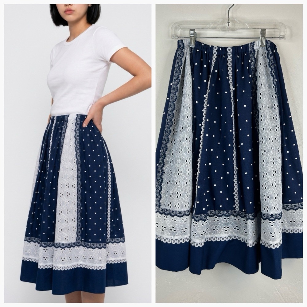 Cottagecore Prairie Lace Knee Length Skirt Size S/M Elastic Waist Lined Peasant